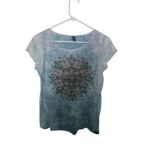 Prana Womens Blue Mandala Paisley Burnout Scoop Neck Short Sleeve T-Shirt Size L